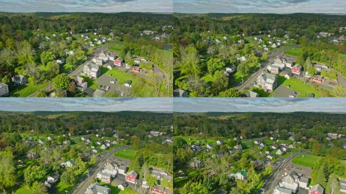 阴天，无人机在宾夕法尼亚州蒙哥马利县小镇的房屋上空飞行