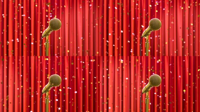 一个舞台上麦克风的循环视频，金色的纸屑飘落，背景是红色的窗帘