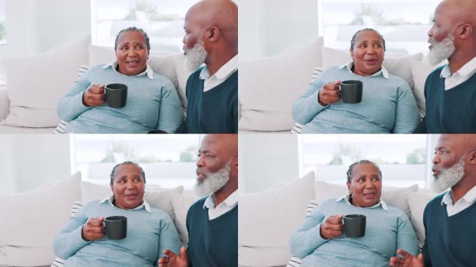 咖啡，爱情和老年夫妇放松在沙发上聊天，八卦或在家里一起。心平气和，退休后与非洲老人在客厅交流、搀扶或