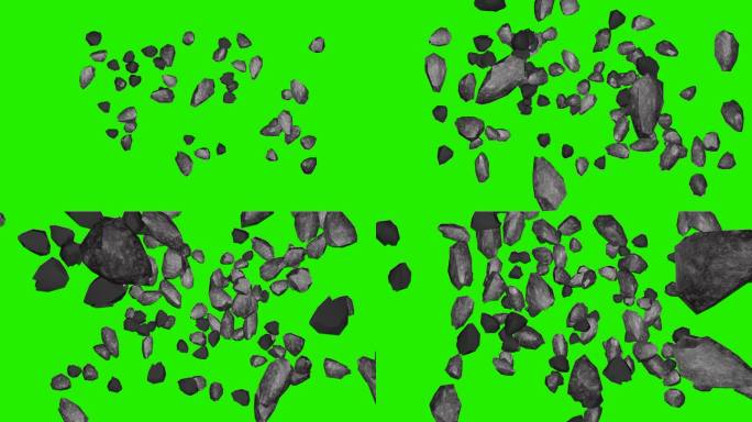 小行星陨石在绿色的屏幕上飞行和旋转。石头在空间上的逼真动画。3 d动画。