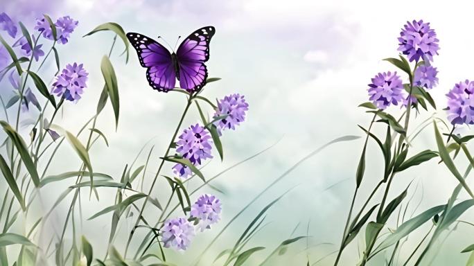 紫色蝴蝶水墨风春分春天水彩画花朵油菜花