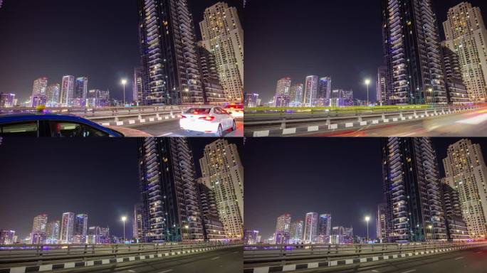 迪拜码头城市夜间照明交通街道道路外部全景4k延时阿联酋