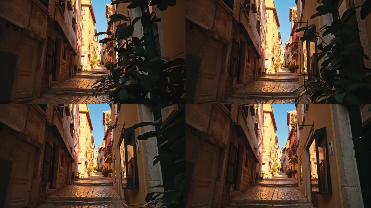 在历史小镇的建筑物中，植物台阶的狭窄人行道的慢镜头。Istra,克罗地亚。