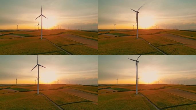 空中走向明天:日落无人机镜头的风力涡轮机，领域，并走向可持续能源的旅程