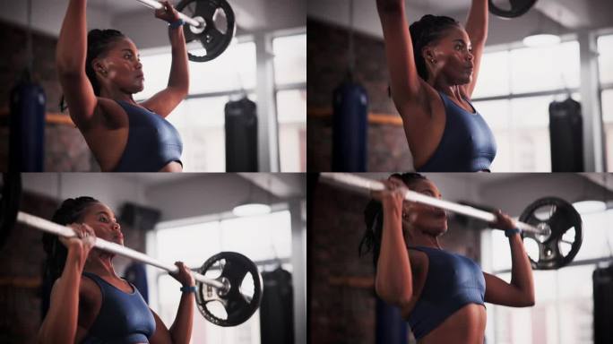 举重，健身和有肌肉的黑人女性在健身房进行健美训练，高强度的锻炼和锻炼。健身、运动和人用杠铃作挑战，强