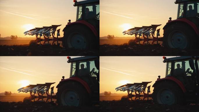 SLO MO男性农民在日落时分驾驶拖拉机对着天空犁地