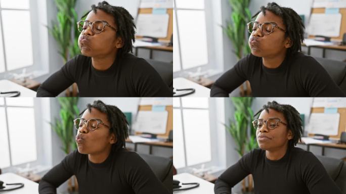 滑稽的年轻黑人女性在办公室里，在笔记本电脑上工作，披头散发，撅起脸颊做鬼脸，嘴巴里充满了空气。