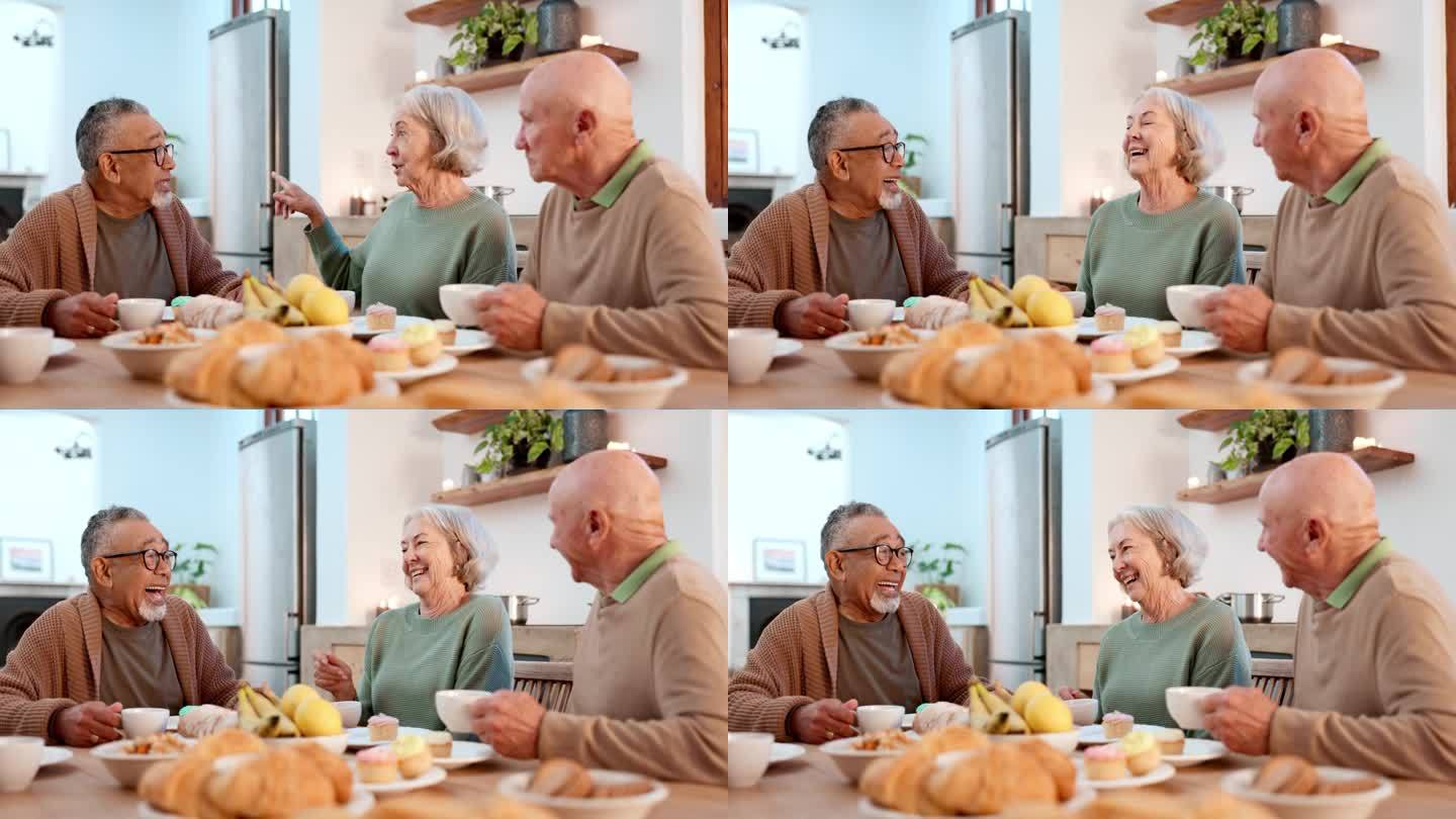 早餐，茶话会，和年长的朋友一起在养老院笑着吃饭，在早上建立联系。微笑，喝酒和一群有趣的老人在公寓的厨