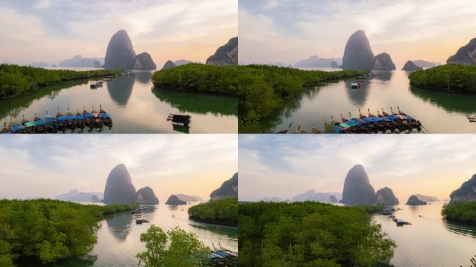 4K鸟瞰图泰国攀牙湾日出时的超延时照片。