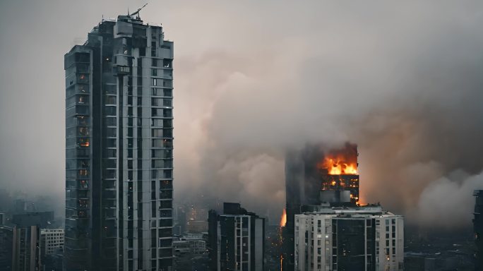 城市高楼大厦着火失火