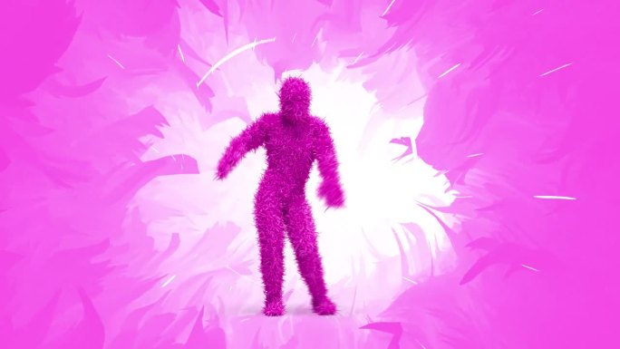 跳舞粉红色的毛茸茸的3D人物在动画花卉背景。完美的循环。