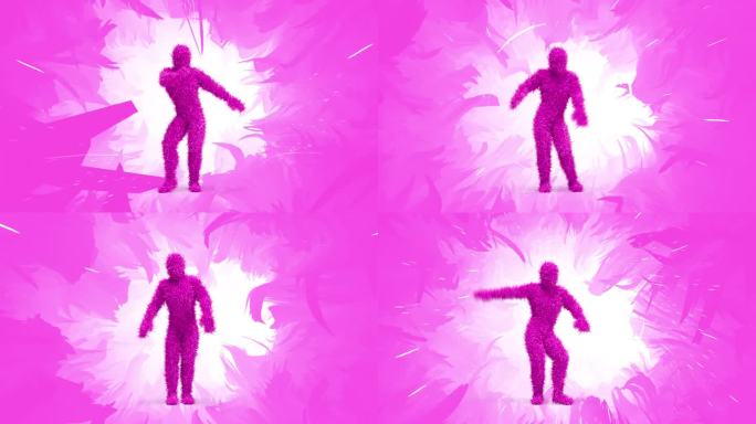 跳舞粉红色的毛茸茸的3D人物在动画花卉背景。完美的循环。