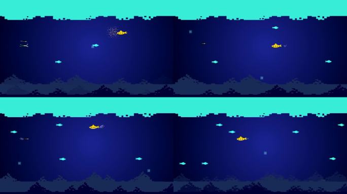 老游戏动画在8位风格的潜艇射击导弹和捕捉游泳者在海底，像素化的艺术，复古。
