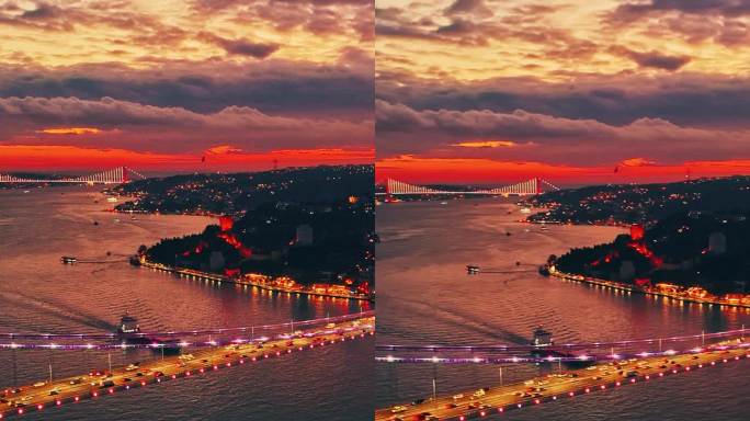 航拍黄昏时分标志性的法提赫苏丹穆罕默德大桥的雄伟照片# istanbul - vibes #法提赫苏