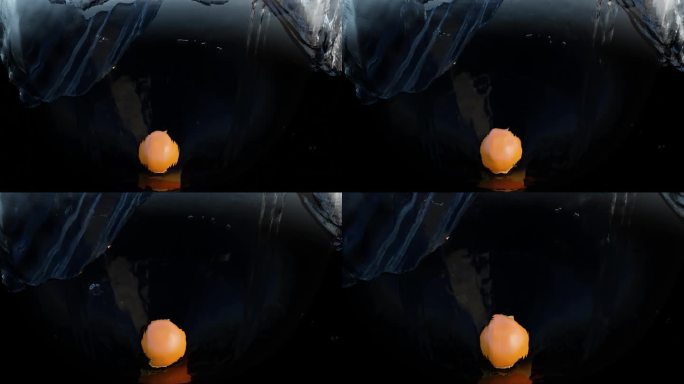 完整的橙色和圆形片落形成飞溅和旅行之间的涟漪水下和冰的三维模拟渲染动画缩放和倾斜相机运动