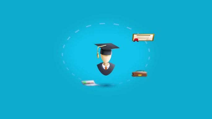 毕业和教育元素图标动画围绕着一个人物的学位板，毕业文凭，地球，笔记本电脑，包和证书在一个浅蓝色的背景