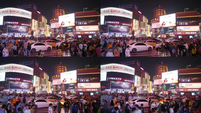 夜光照亮长沙市市中心拥挤的人行横道慢动作全景4k中国