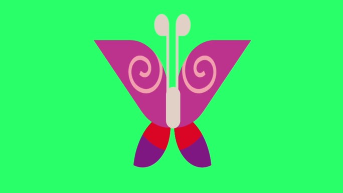 动画紫色蝴蝶飞孤立在绿色屏幕上。