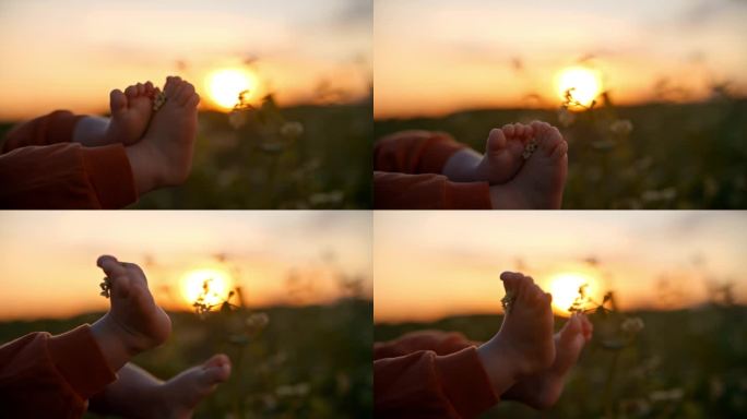 在橙色天空的衬托下，小男孩用脚触摸开花植物的SLO手持镜头