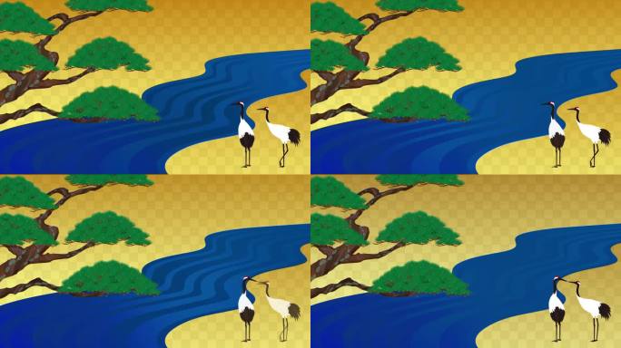 日式背景。松树、鹤和河流背景的插图视频