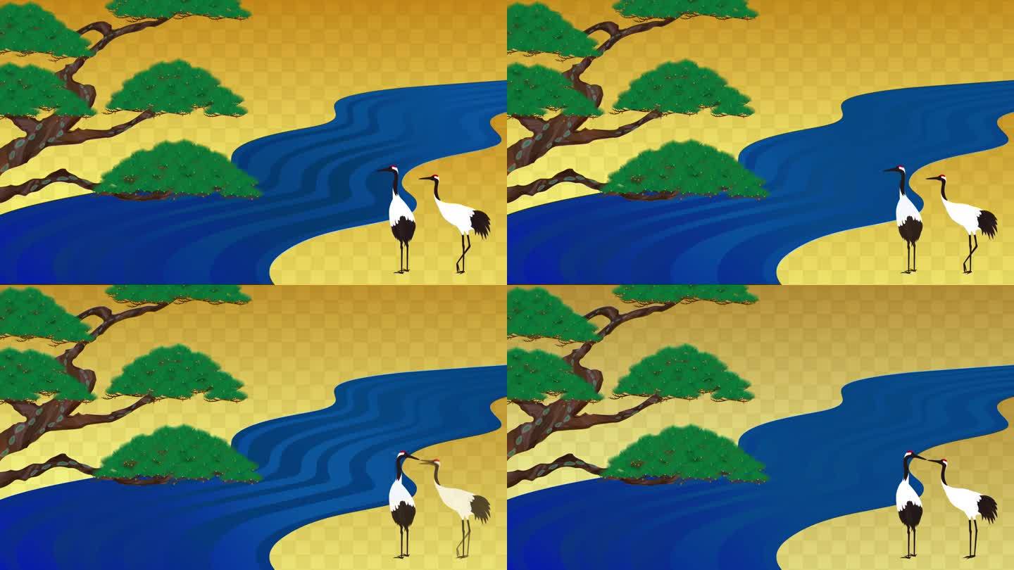日式背景。松树、鹤和河流背景的插图视频