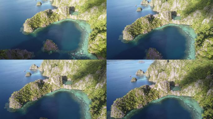 喀斯特岩石悬崖和蓝色泻湖的热带海景在科隆，空中