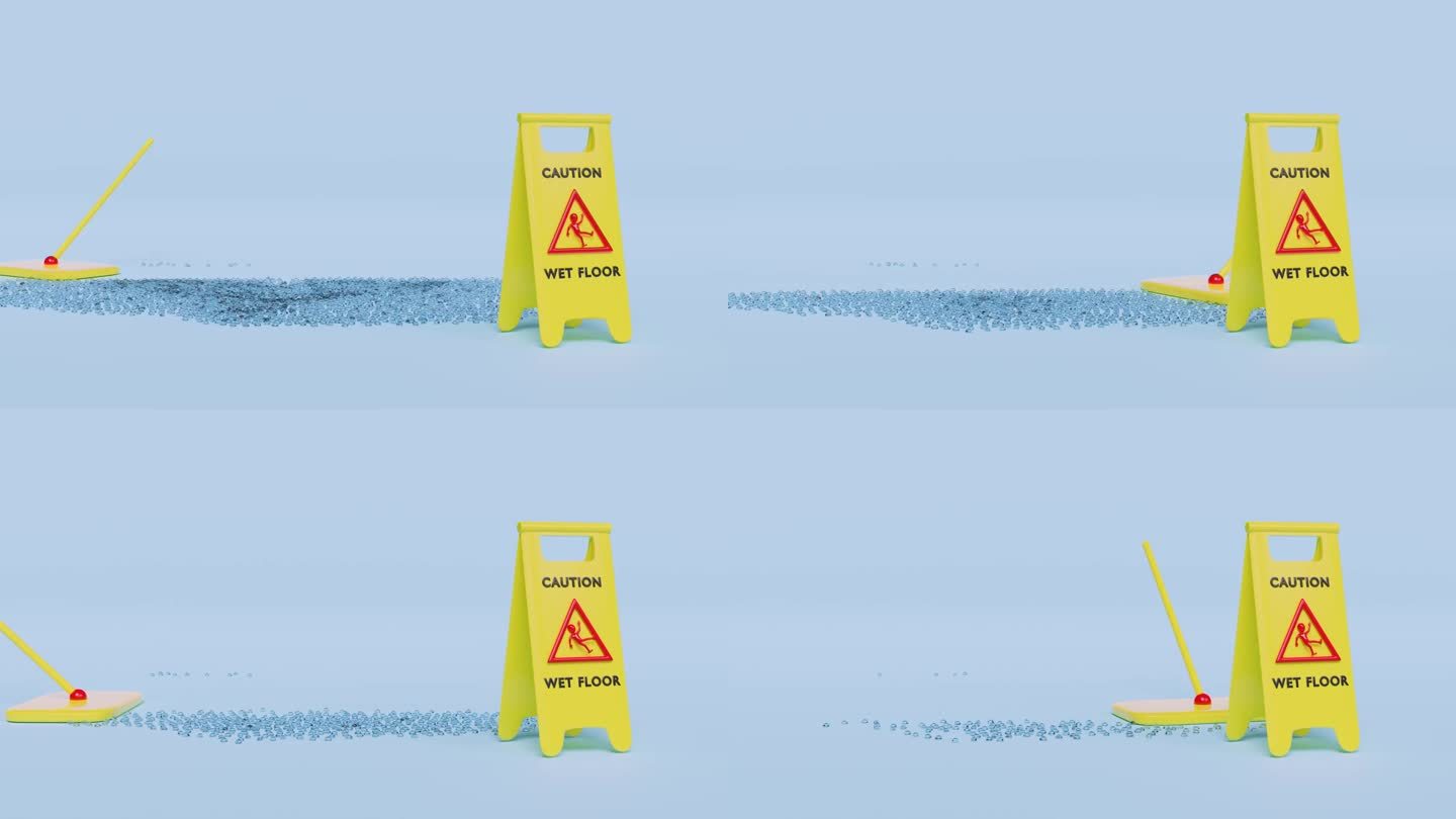 用拖把清洁潮湿的区域和潮湿的地板，注意蓝色背景上隔离的塑料标志。警告小心滑的标志，3d渲染插图