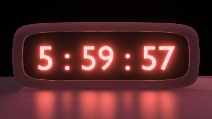 橙色表盘的数字闹钟，早上6点起床。时钟屏幕上的数字从5:55到6:00不等。近景。数字红色闹钟计时器
