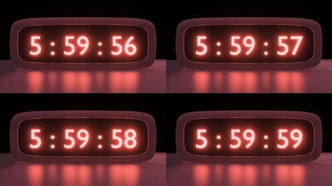 橙色表盘的数字闹钟，早上6点起床。时钟屏幕上的数字从5:55到6:00不等。近景。数字红色闹钟计时器