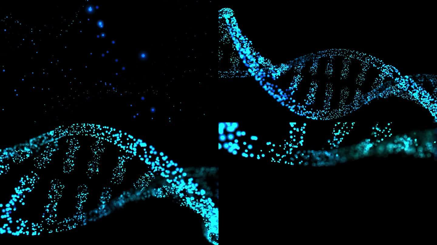 DNA双螺旋旋转。从粒子中提取闪闪发光的DNA分子。dna的选择性焦点。可用于Genom未来素材，科