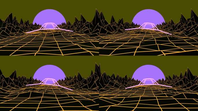 无缝循环复古的20世纪80年代动画与星际飞船的轮廓飞过岩石到太阳。合成波霓虹灯景观。空间基础。音乐视