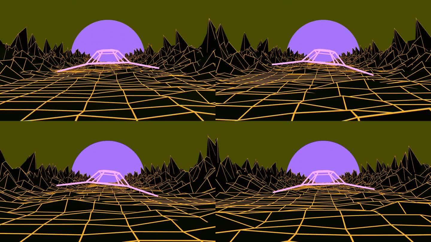无缝循环复古的20世纪80年代动画与星际飞船的轮廓飞过岩石到太阳。合成波霓虹灯景观。空间基础。音乐视