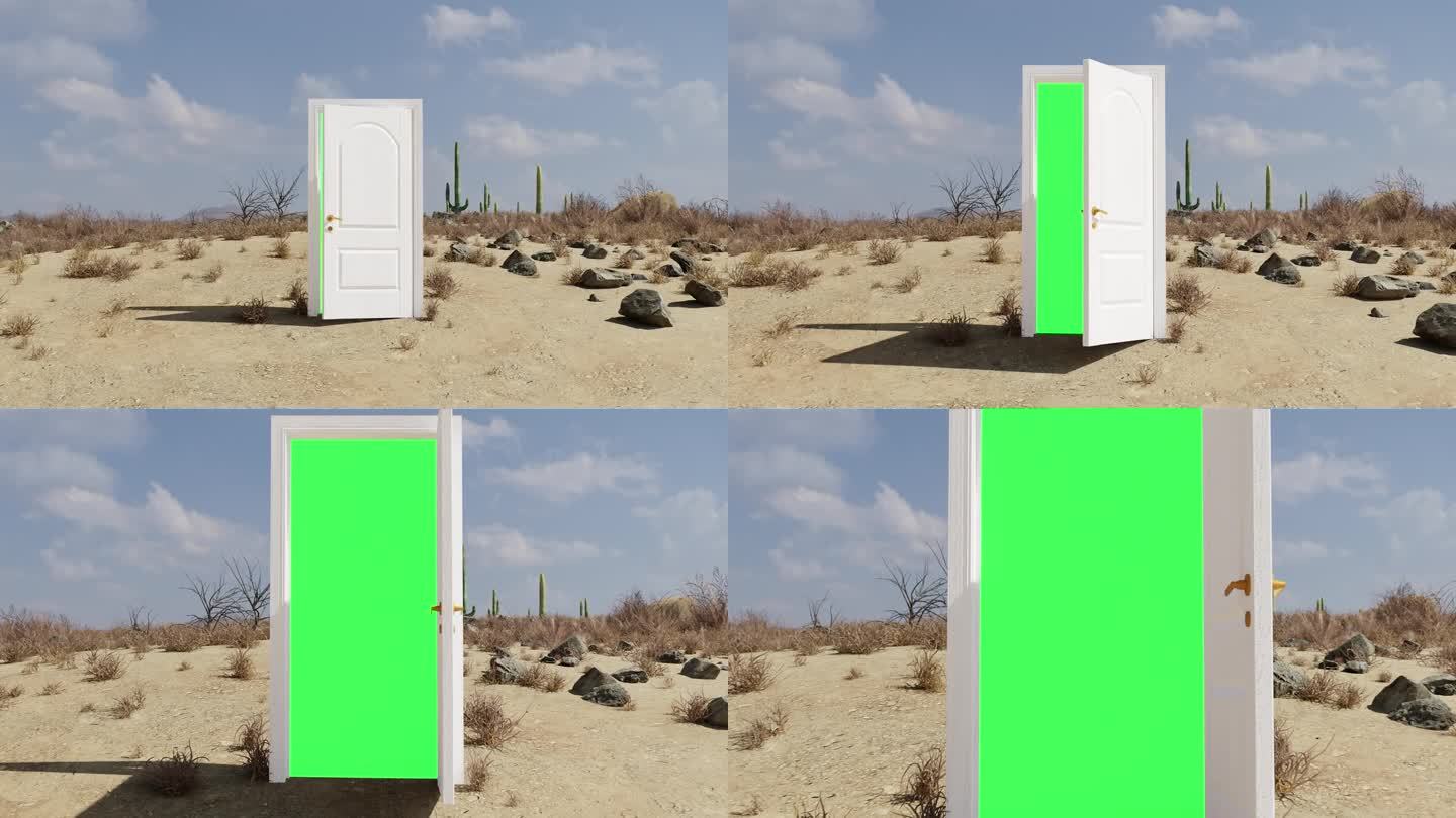 在荒地沙漠中通往其他世界的门。一个抽象的外部现实门户的3d渲染概念。绿屏chromakey背景添加或