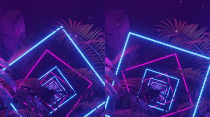 垂直视频霓虹背景与紫色和蓝色的霓虹黑暗丛林和热带植物。循环动画。