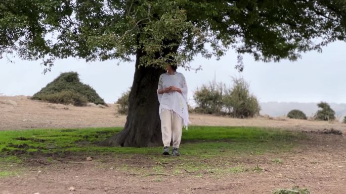 一个穿着白衣的波斯女人伊朗人在大自然中行走徒步探险在山林里赫卡尼亚自然景观独自一人成熟的树朦胧的天雾