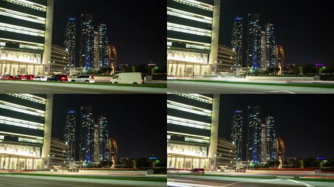 夜间照明阿布扎比市中心交通街道全景4k延时阿联酋