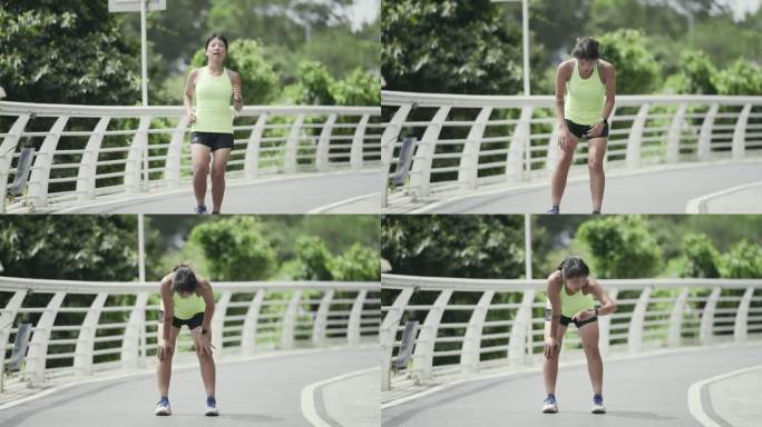 年轻的亚洲女慢跑者在跑步后查看时间