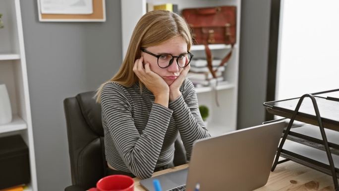 无聊的金发女人戴着眼镜在办公室里摆着笔记本电脑和写字台。