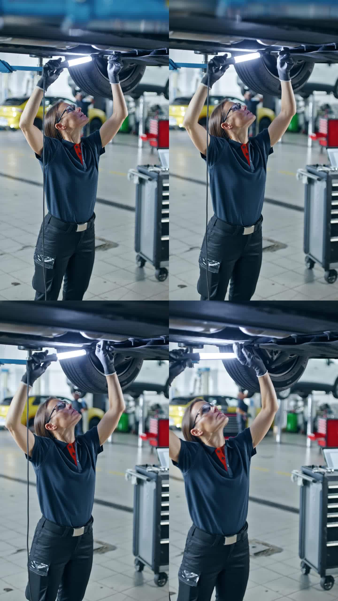 女机械师与光在修理厂检查汽车底盘