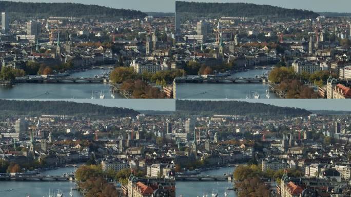 白天苏黎世市湖滨中心区交通桥航拍全景4k瑞士