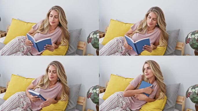 在她舒适的卧室里，一个年轻、严肃、迷人的金发女人正舒适地躺在床上，沉浸在一本好书中，让她的思绪在阅读