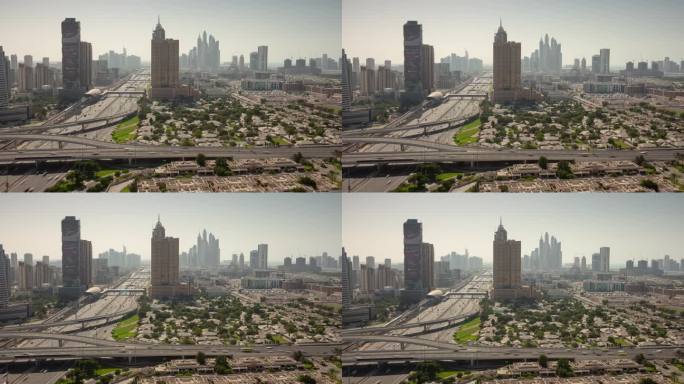 阳光明媚的一天迪拜市中心主要交通道路屋顶全景4k延时阿联酋