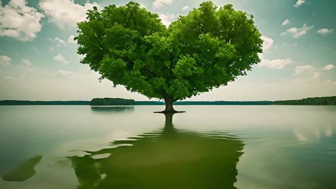 【4k】湖水上爱心形状的树