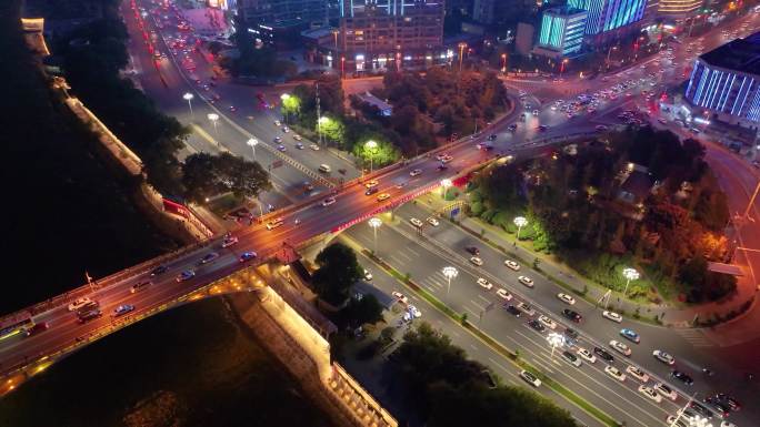 长沙夜景橘子洲大桥湘江中路车流交通航拍立