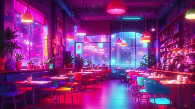 4K赛博朋克咖啡厅咖啡馆酒吧霓虹背景