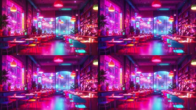 4K赛博朋克咖啡厅咖啡馆酒吧霓虹背景