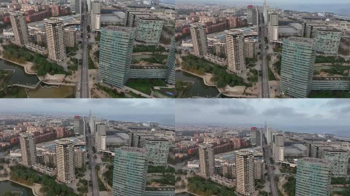 巴塞罗那城市多云天湾住宅综合体外部交通街道航拍全景4k西班牙