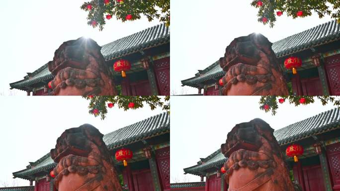 中国成都望江楼门口古朴意境石狮子在阳光下
