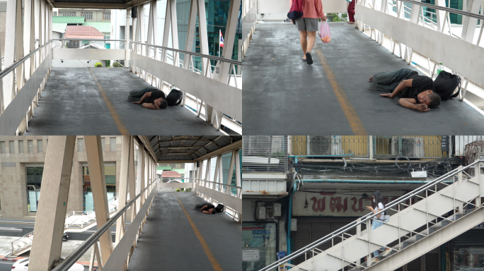 曼谷天桥上睡觉的流浪汉无家可归者4k