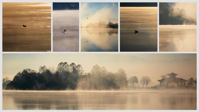 清晨云雾缭绕的湖面